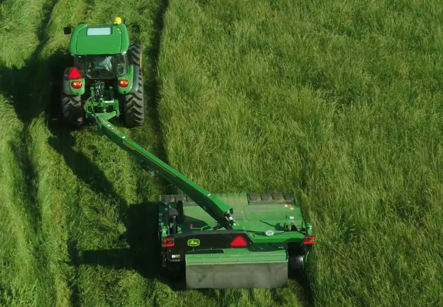 Today we’ll be using a John Deere 5125M Utility Tractor and a John Deere C350 Center Pivot Mower Conditioner, or MoCo.