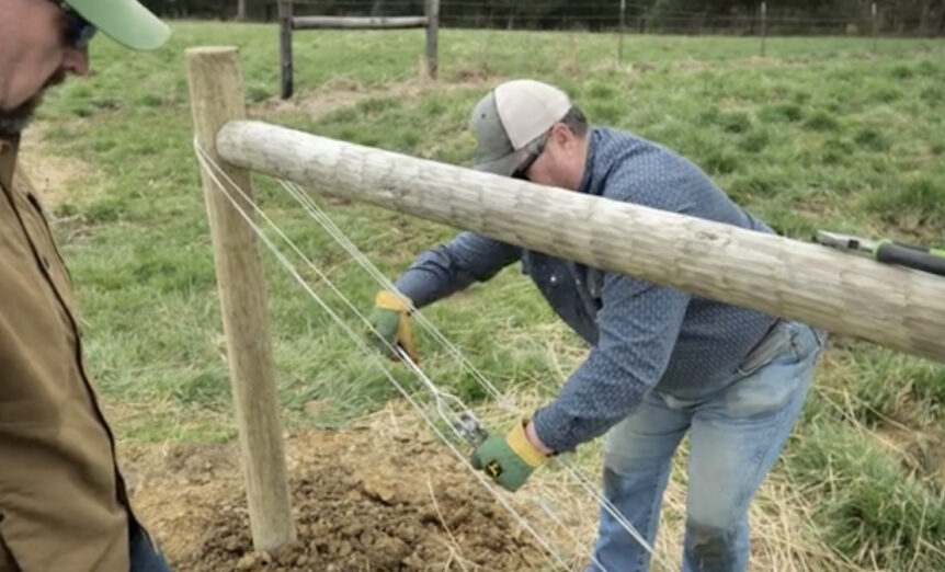 How to wire an end post and brace post together in a pasture fence for support before hanging a farm gate.