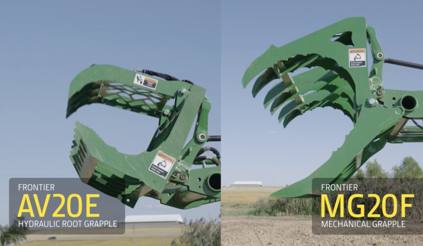 A Frontier Hydraulic Root Grapple on the left and a Frontier Mechanical Grapple on the right. Which is right for you and your compact tractor?